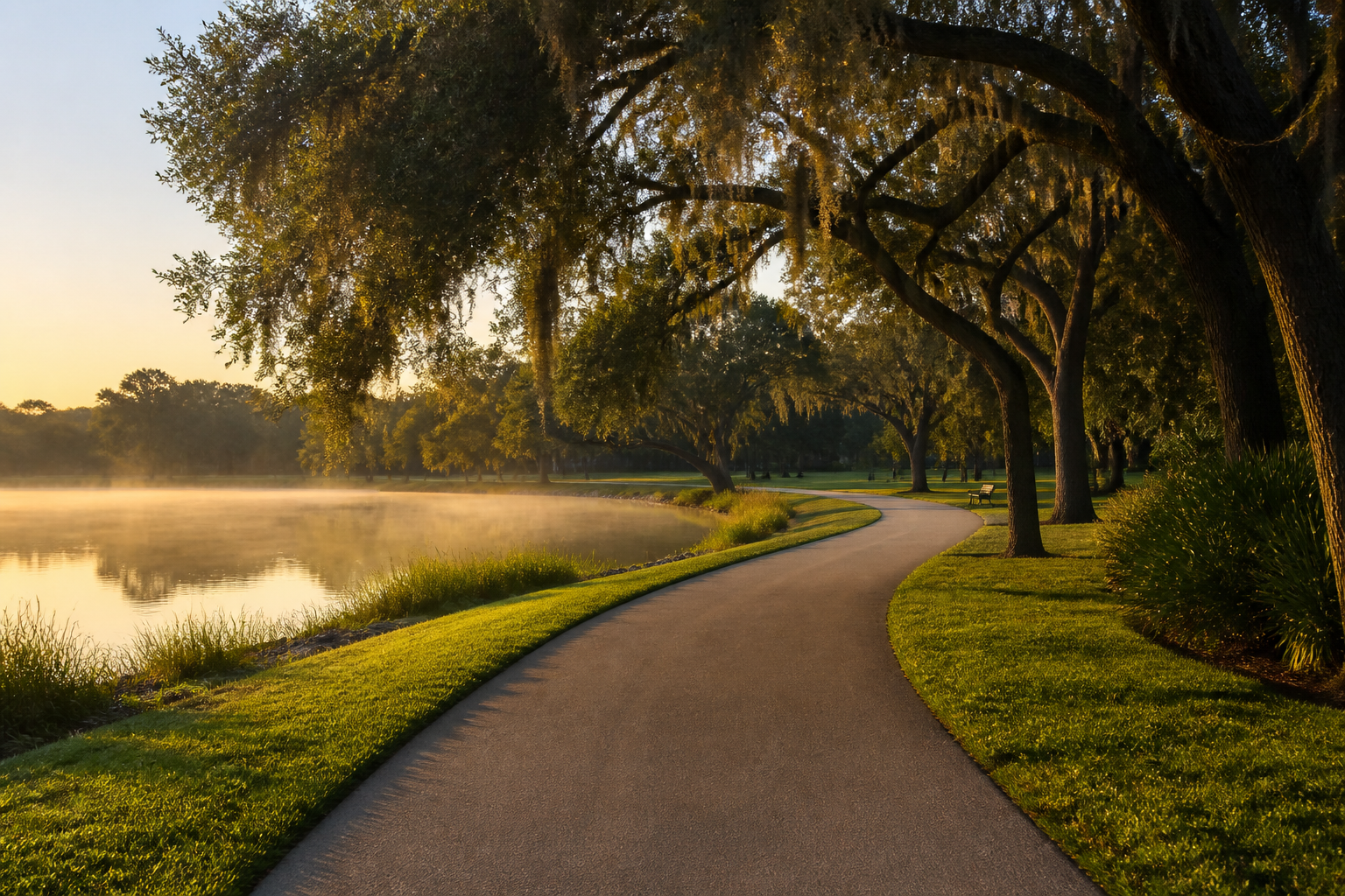 Early-morning paved walking path beside a lake, oaks and Spanish moss